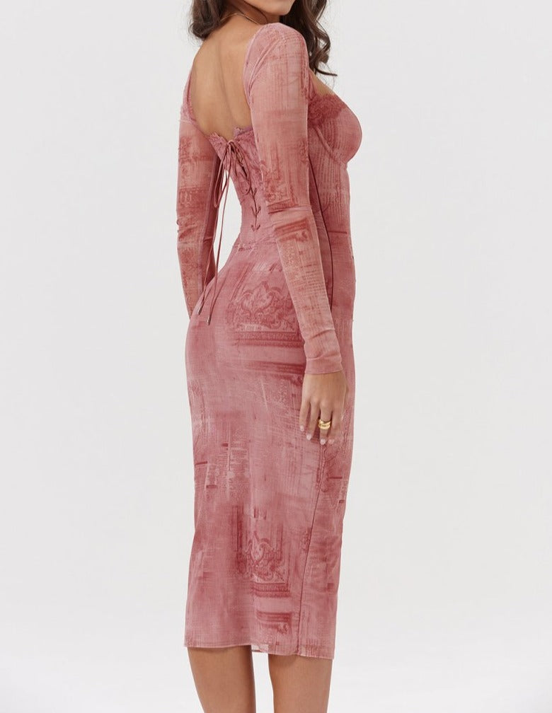 Pink Fitted Long-sleeve Dress - outfithaven