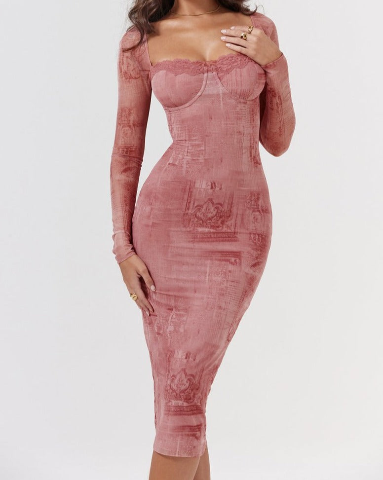 Pink Fitted Long-sleeve Dress - outfithaven