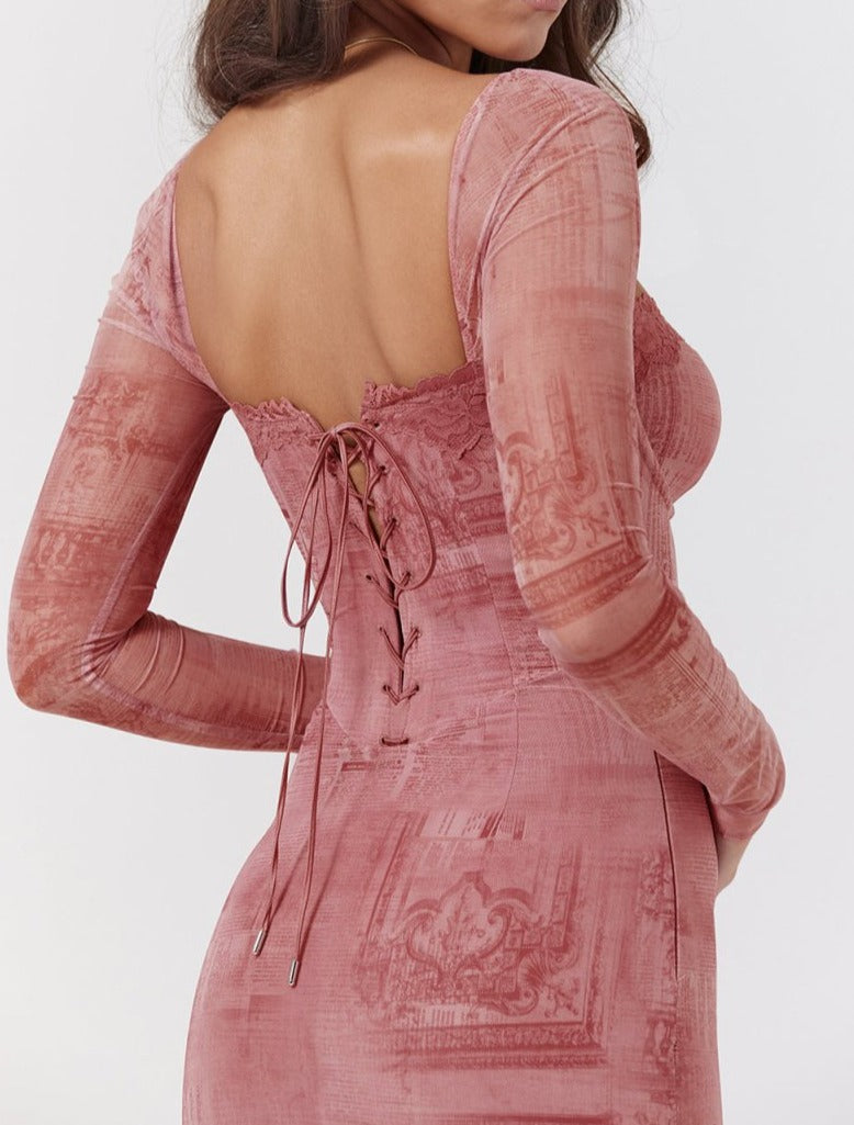 Pink Fitted Long-sleeve Dress - outfithaven